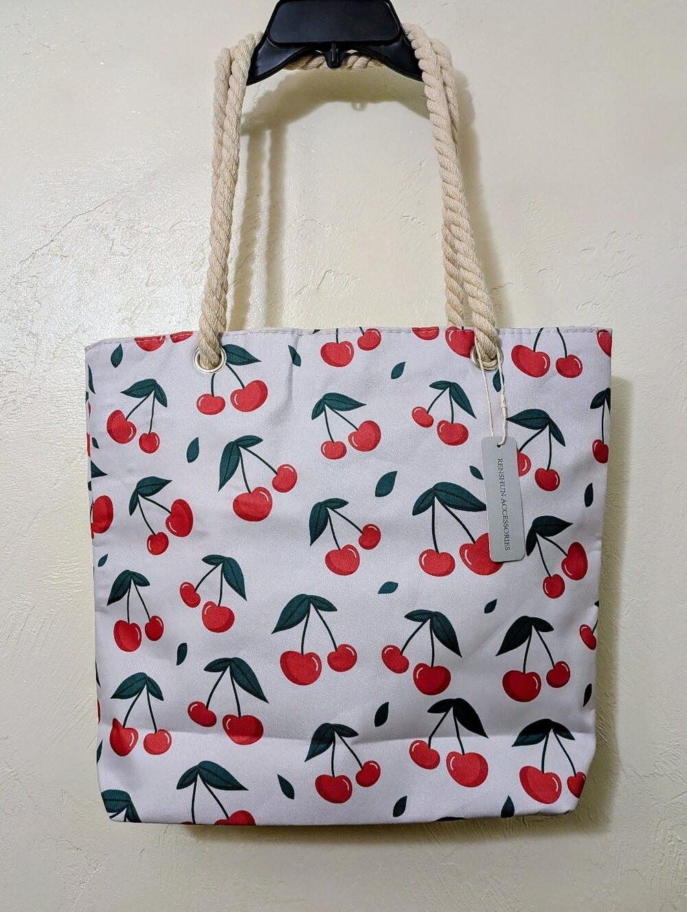 🍒Cherries Beach/Shopping Tote ~ Double Rope Handle/Zipper/Lined/Large ~ NEW